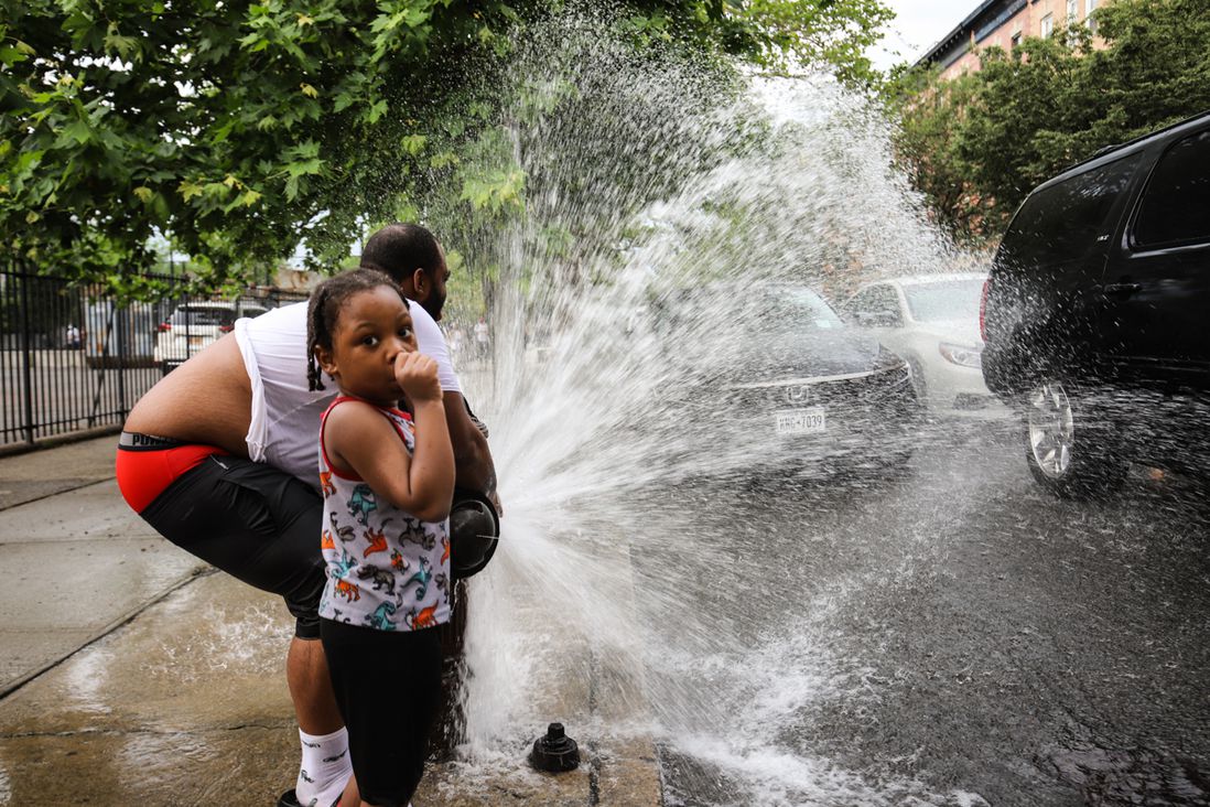 A photo of a girl in front of a fire hydrant in Crown heights